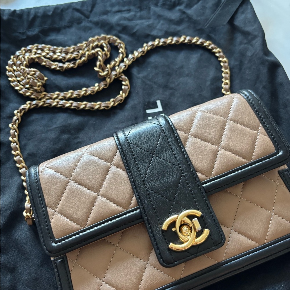 Chanel Elegant CC Two-Tone Black and Tan Lambskin WOC Crossbody Bag